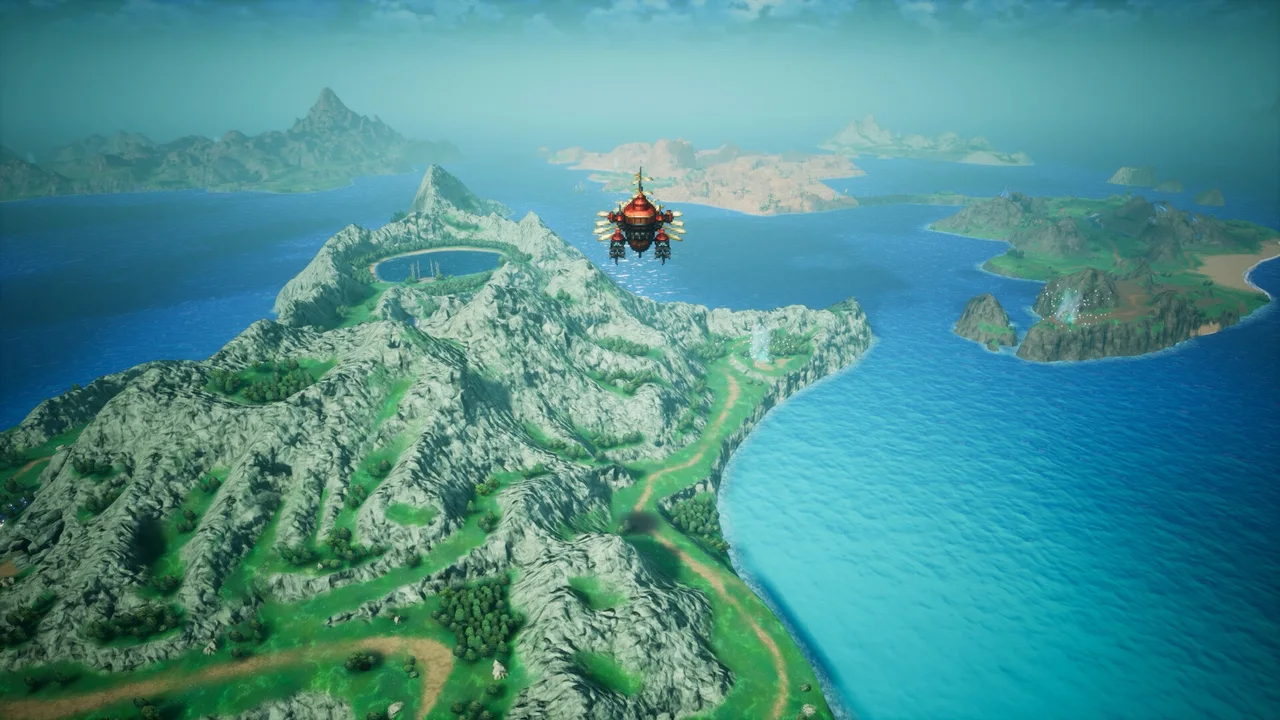 An airship flying over the islands and blue sea of Lapis