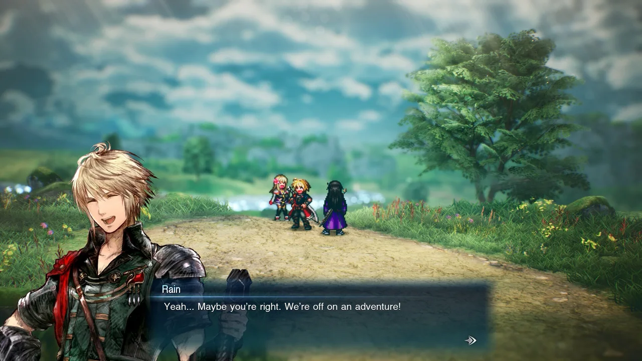 Rain talking while his companions wait on an open-country road